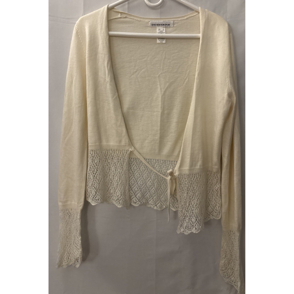 Jones New York Womens Sm Ivory Knit Tie-Front Crochet Cardigan Shrug Cardigan